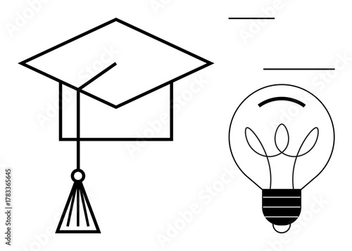 Graduation cap paired with a glowing lightbulb symbolizes education and creative thinking. Ideal for learning, innovation, achievement, growth, knowledge, success, career development. A simple flat