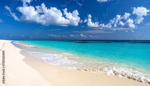 Wallpaper Mural Stunning tropical beach scene showcasing pristine white sands, turquoise waters, and fluffy clouds Torontodigital.ca
