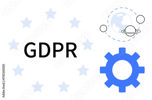 Block text GDPR surrounded by stars, a gear, and a global data flow design. Ideal for data privacy, regulations, EU policies, security, compliance legal and technology. Simple flat metaphor