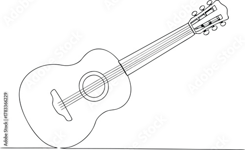 Black and white line drawing of an acoustic guitar