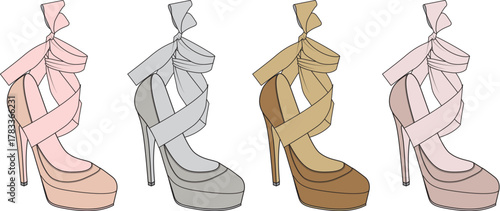 Elegant women's footwear collection featuring high-heeled shoes with ankle wrap details in four stylish color variations