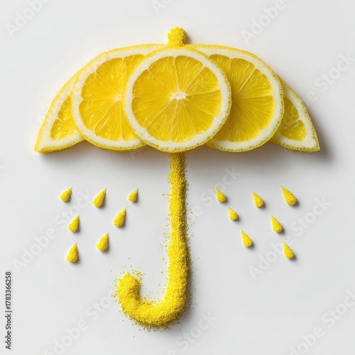 Bright lemon umbrella design made from fruit slices and yellow sugar on a white background
