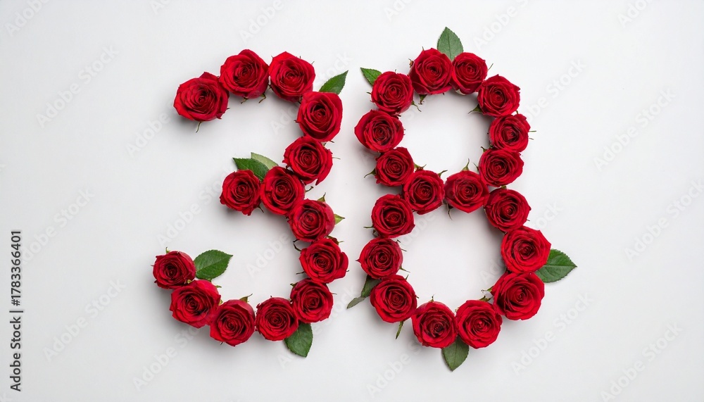 Obraz premium Number 38 made out of red roses with white background. Photo for birthday or anniversary party
