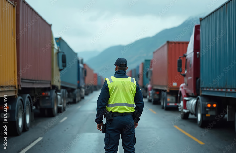 Fototapeta premium Customs officer on highway border checkpoint watches long line of waiting cargo trucks. Uniformed patrol agent controls commercial vehicle traffic, freight transport. Lorries with containers await