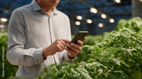 Close-up of hands adjusting nutrient levels and monitoring plant growth through smartphone app — highlighting precision agriculture, connected home systems, and plant-based sustainability