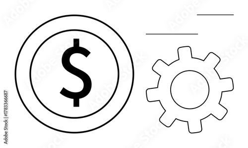 Dollar coin and gear icon combine to signify financial management, automation, efficiency, and teamwork. Ideal for finance, business, technology, strategy industry optimization. Simple flat