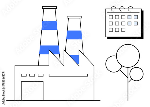 Factory building with twin striped chimneys, a nearby tree representing eco-awareness, and a calendar symbolizing planning and scheduling. Ideal for productivity, industry, sustainability, time