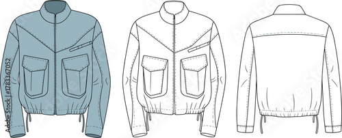 Men’s bomber jacket flat fashion vector with zipper, flap pockets, rib cuffs, and drawstring hem — technical apparel design