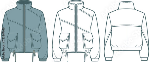 Men’s bomber jacket flat fashion CAD sketch with front zipper, flap pockets, drawstring hem, technical apparel design vector template