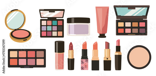 Flat, minimalist vector of makeup products: palettes, lipsticks, blushes, and creams. Modern, feminine design with clean lines and soft colors on transparrent background
