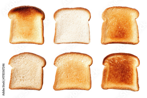 Six sliced bread toasts varying in toasting degrees