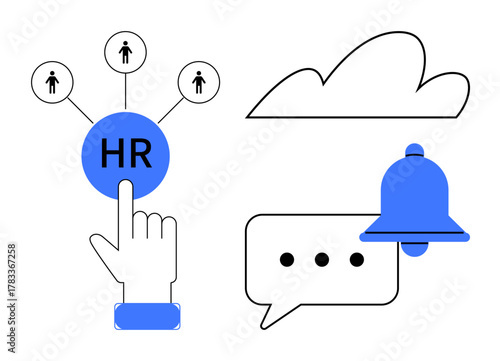 Human resources selection featuring hand pointing to HR, connected people icons, cloud, speech bubble, and bell. Ideal for HR processes, recruitment, networking, notifications collaboration