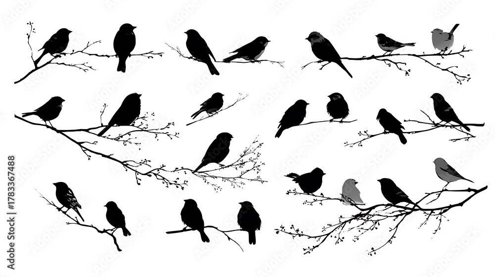 Obraz premium Collection of Bird Silhouettes Perched on Branches tree nature Photo
