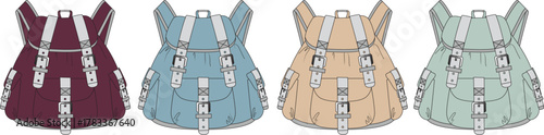 An assortment of fashionable canvas rucksacks shown in four different color options. Vector graphic of travel backpacks with multiple buckles for accessory design
