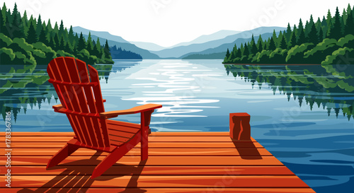 Serene Wooden Dock with Red Adirondack Chair Overlooking a Calm Lake and Pine Forest