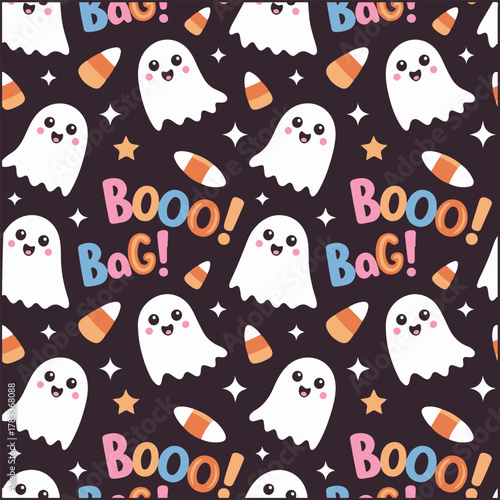 Cute halloween ghost pattern with candy corn and boo bag text