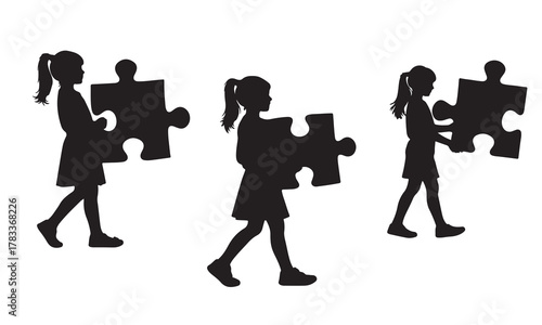 Children holding puzzle pieces silhouette