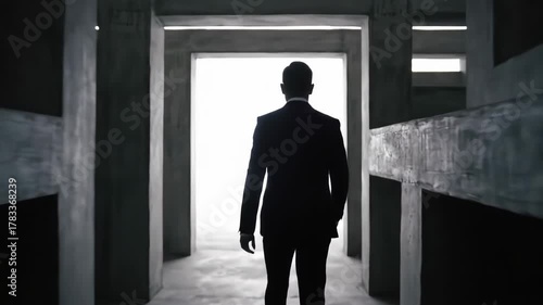 Silhouette of man in suit walking through corridor with light at the end, business concept
