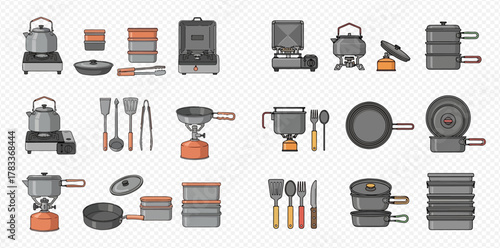 Collection of camping and outdoor cooking equipment with portable stoves, kettles, pots, pans, waffle makers, and various kitchen utensils.