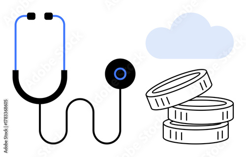 Stethoscope next to stacked coins with a cloud in the background. Ideal for healthcare, finance, budgeting, digital health, cloud technology, medical services, cost management. Simple flat metaphor