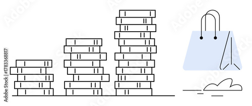 Stacks of coins growing in height next to a shopping bag, symbolizing financial growth, savings, budgeting, investment, commerce, and consumer spending. Ideal for economy, finance retail
