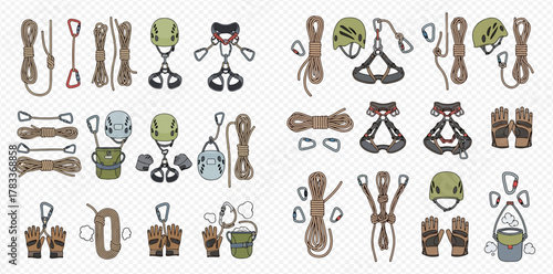 A comprehensive illustration of various climbing and caving equipment, including ropes, helmets, harnesses, carabiners, and descenders, arranged in multiple configurations.
