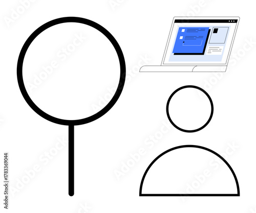 Magnifier, user profile icon, and computer screen signify online search, investigation, and research. Ideal for analysis, recruitment, monitoring, networking identity verification or online