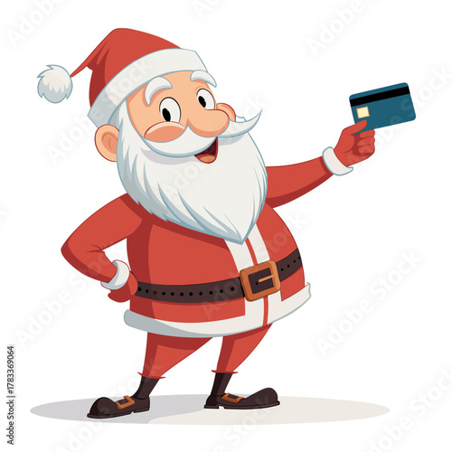 Cartoon Santa Claus holding credit card and smiling cheerfully  