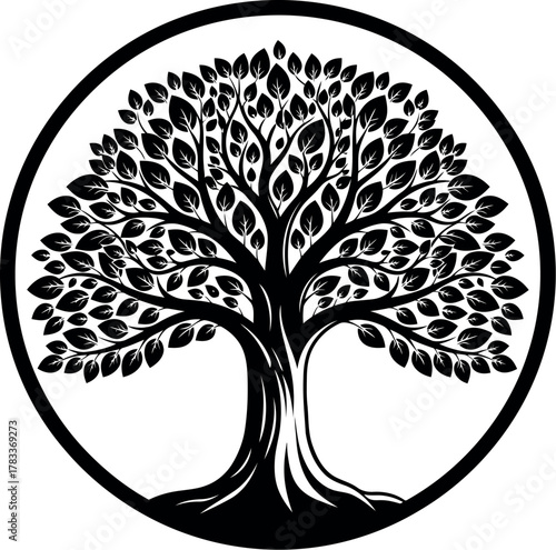 Intricate oval black and white tree of life silhouette emblem