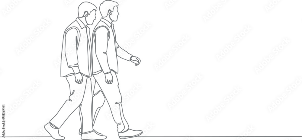 Fototapeta premium Two men walking side by side in a simple line drawing