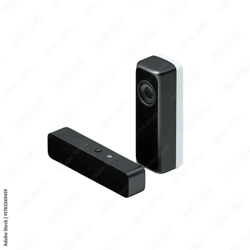 Obraz premium Two modern speakers, one standing, one horizontal, dark