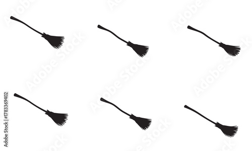 Collection of flying broomstick silhouettes with adobe illustrator logo