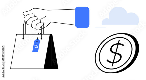 Hand holding shopping bag with discount tag, large coin with dollar symbol, and cloud. Ideal for online shopping, discounts, retail, saving, e-commerce financial planning digital trade. Simple flat