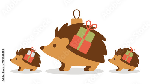 Holiday Hedgehogs: Three charming hedgehog ornaments, each carrying a wrapped gift, bring holiday cheer. Delightful design with warm colors.