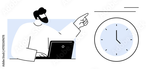 Man typing on laptop, pointing at clock emphasizing time awareness, productivity, and multitasking. Ideal for time management, project planning, deadline focus, productivity, efficiency workflow