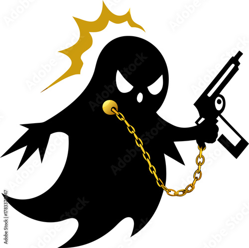 Ghost silhouette with gold chain and revolver silhouette vector black , white background