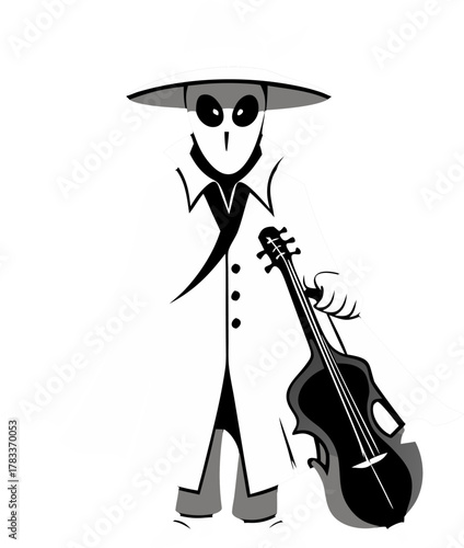 Transparent ghost in old-school mafia outfit, carrying a violin case silhouette vector black , white background