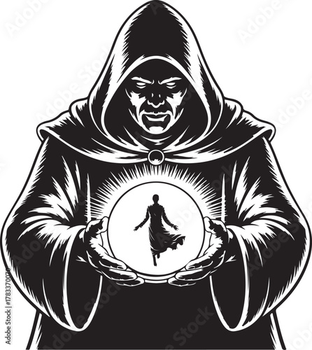 Mysterious magician gazes into glowing magic sphere