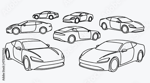 Line art illustration of a group of cars for coloring pages or design