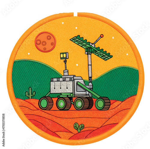 Dynamic Mars rover exploring alien terrain under orange sky with distant planet and minimal plant life