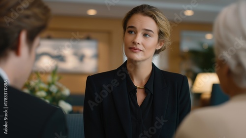 Compassionate female funeral director sitting with a grieving family in a calm, modern consultation room filled with soft neutral tones, symbolizing empathy in funeral services, professional