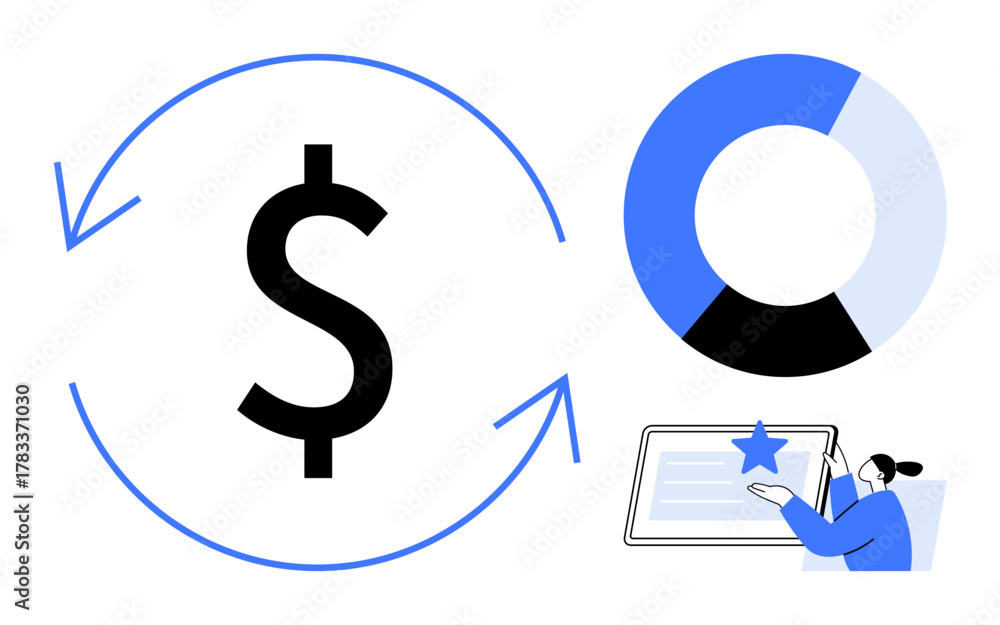 Fototapeta premium Dollar surrounded by circular arrows, segmented chart, user pointing at a tablet. Ideal for finance, analytics, investment, customer feedback, profitability, revenue and business growth themes