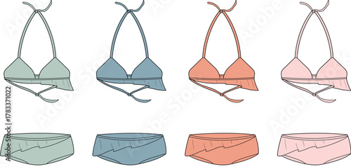 Various colors of halter neck bikini tops and matching bottoms displayed in a top-down view with ruffle details