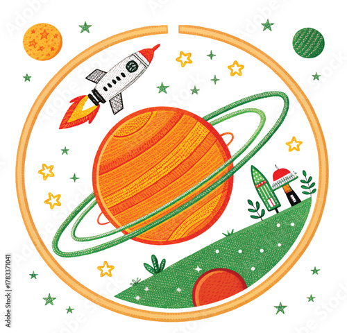 Whimsical space adventure featuring rockets, planets, and stars, perfect for children's themes and creative projects
