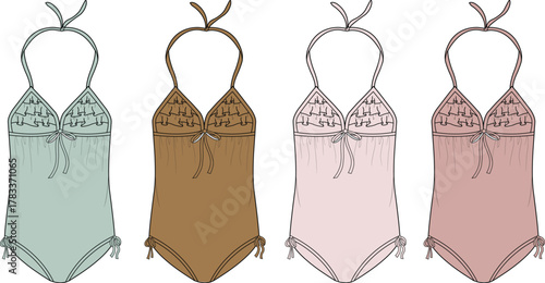 Fashion illustration of a collection of women's one-piece swimwear featuring halter neck and ruched details in various pastel and earthy tones, perfect for beachwear design and summer apparel concepts
