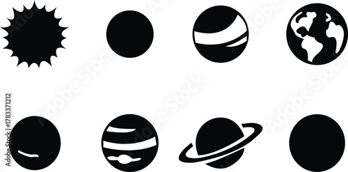 Planet icon set vector. Modern design Earth, Venus, Moon, Saturn, Mars and many planets icons. Logo-icon design set for website and mobile application. Editable drawing and silhouette in one. See Less