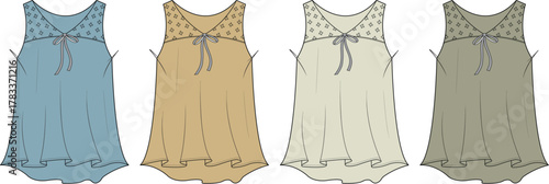 A Set of Four Different Colored Women's Nightgowns displayed side by side on a white background