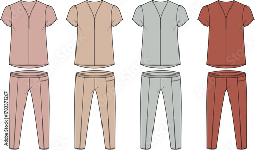 Collection of women's medical scrub sets with V-neck top and jogger pants. Vector fashion flat technical sketch template in multiple colors