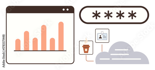 Browser graph showing data trends, password obscured by asterisks, ID badge, coffee cup, and cloud storage. Ideal for technology, cybersecurity, data analysis, remote work productivity