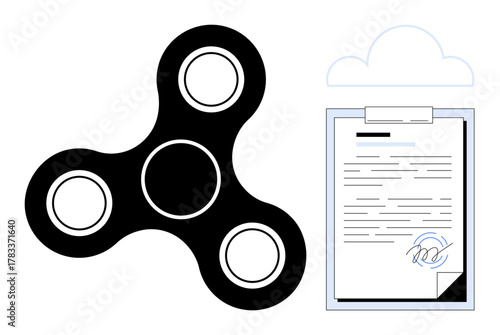 Fidget spinner next to signed document under a cloud outline. Symbols of stress management, mental focus, digital transformation, electronic signature, productivity, balance, and efficiency. Ideal